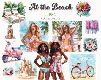 Watercolor Beach Clipart: Summer Vacation PNG Bundle (64 PNGs, Commercial Use)