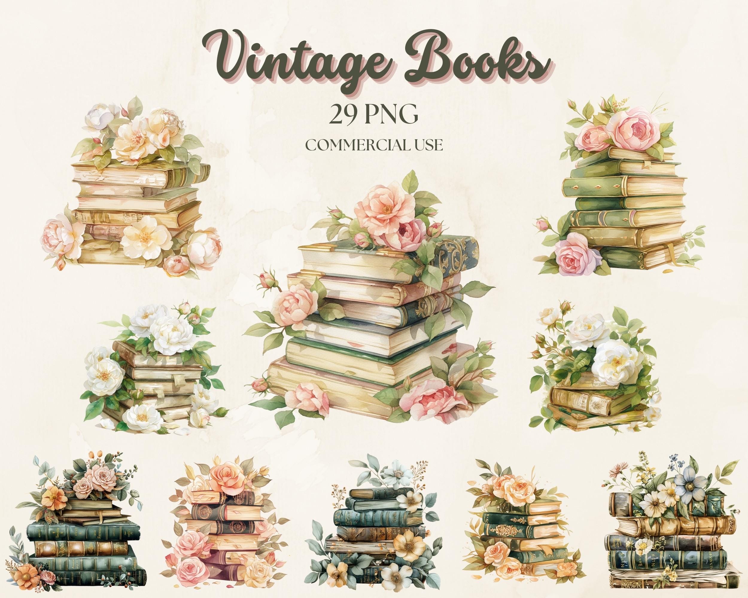 Vintage Books Watercolor Clipart, Green and Gold Watercolor Book Lover Clipart, Reading, Digital Stickers, Vintage Cottagecore Cilpart