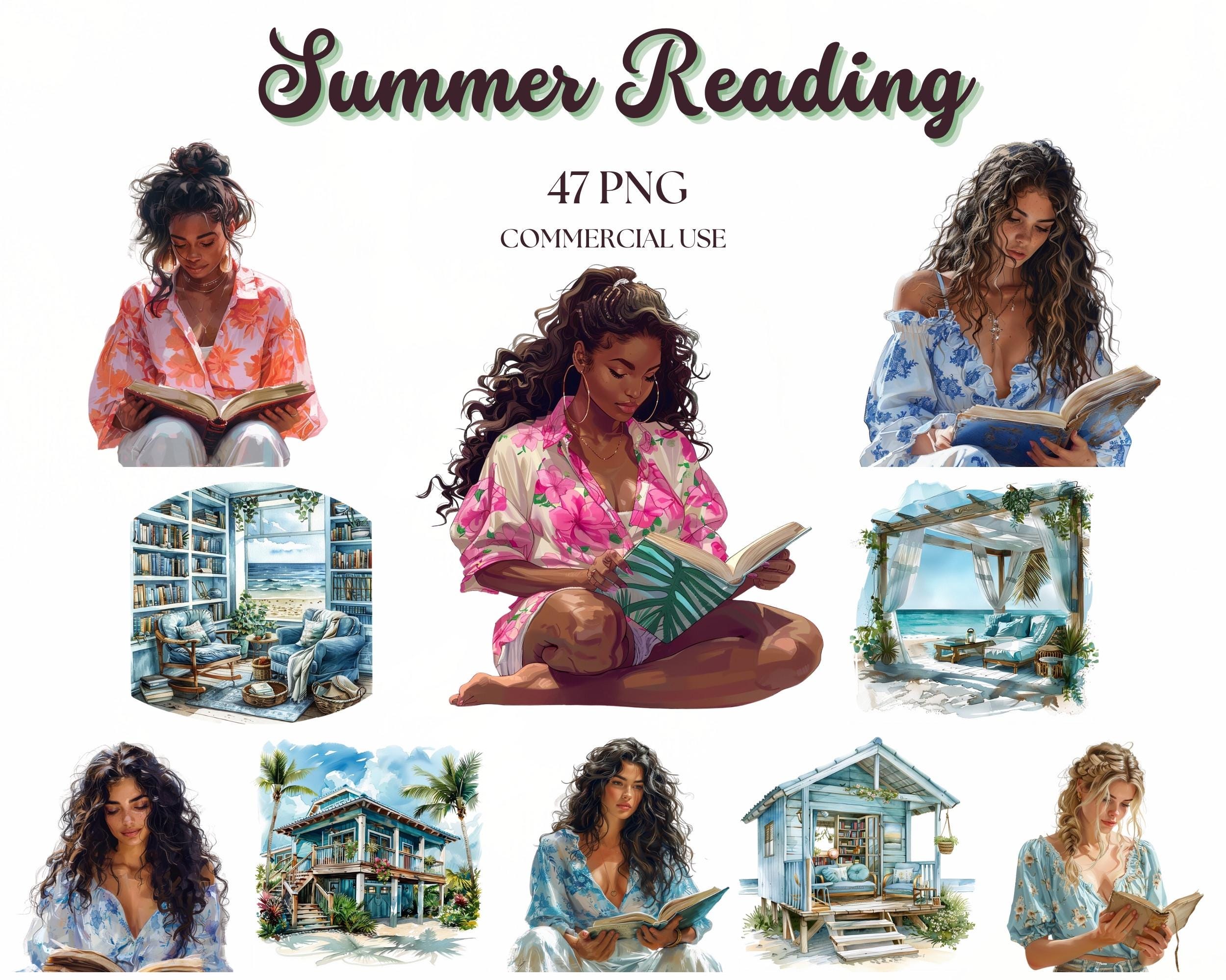 Summer Reading Watercolor Clipart, Reading at the Beach Clipart ...