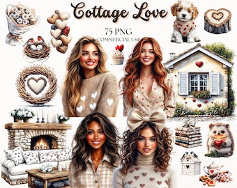 Valentines Day Clipart, Cottage Love, Watercolor Valentines, Love Clipart, Heart PNG, Boho Valentines, Cottagecore, Digital Stickers