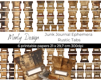 RUSTIC TABS, tabs for junk journaling, cardmaking, collage, vintage ephemera, rustic, neutral colors, digital tabs, instant download, a4