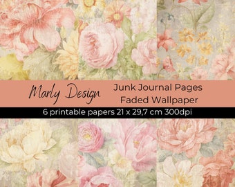 Floral Faded Wallpaper Junk Journal Pages Backgrounds Vintage Flowers For Scrapbooking Cardmaking Papercraft Instant Download A4 Size