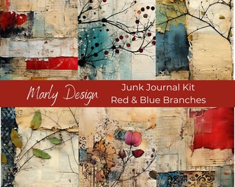 Digital Junk Journal Kit Red Blue Branches Leaves Collage Junk Journaling Scrapbooking Cardmaking Printables A4 Size