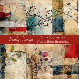 Kit de journal numérique indésirable Branches rouge bleu Feuilles Collage Journal indésirable Scrapbooking Fabrication de cartes Imprimables format A4
