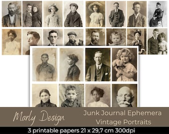 RETRATOS VINTAGE Paquete de efímeras, imágenes antiguas, fotografías antiguas, diario basura, álbumes de recortes, manualidades con papel, descarga instantánea, tamaño A4