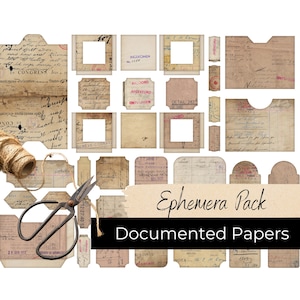 May include: A collection of vintage ephemera papers with handwritten text and decorative borders. The papers are in various shades of brown, beige, and cream. The papers are perfect for scrapbooking, card making, and other crafting projects.