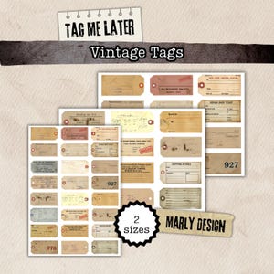 May include: A collection of vintage tags in various sizes and designs. The tags are primarily beige and brown, with some featuring red and blue accents. Text on the tags includes "TAG ME LATER", "Vintage Tags", "REPAIR SHOP TICKET", and "SHIPPING DETAILS". The image also includes the text "2 sizes" and "MARLY DESIGN".