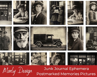 POSTMARKED MEMORIES PICTURES, vintage photo's, postal theme, mailman, parcels, post office, instant download, printable papers, A4 size