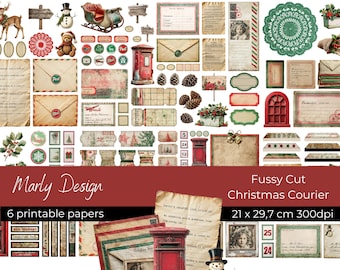 CHRISTMAS COURIER Fussy Cut, Vintage Holiday Printable Kit, Envelopes, Stamps, Letters, Christmas Ephemera, Grungy Postal, Mail, Paper Craft