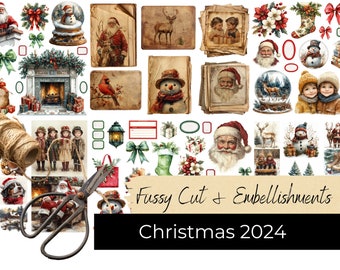 CHRISTMAS FUSSY CUT Embellishments & Decoration For Junk Journaling Santa Claus Reindeers Christmas Tree Christmas Gifts Instant Download A4