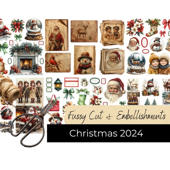 Christmas junk journal fussy cut ephemera, 6 A4 printable pages, 300 DPI JPG files in ZIP