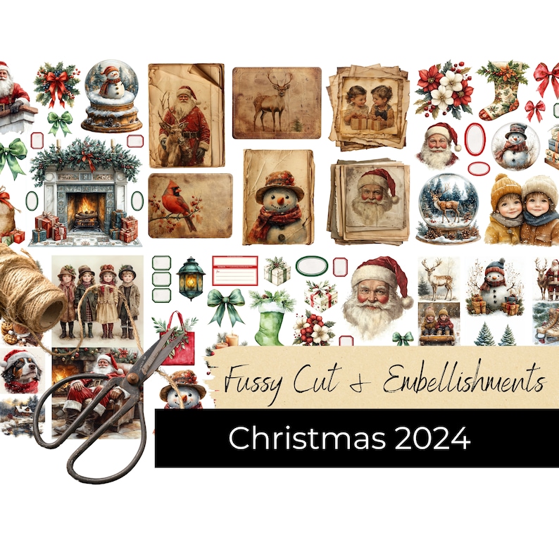 wide strip of tiny sepia vignettes, mini tags, stockings and fireplace, Christmas junk journal fussy cut ephemera