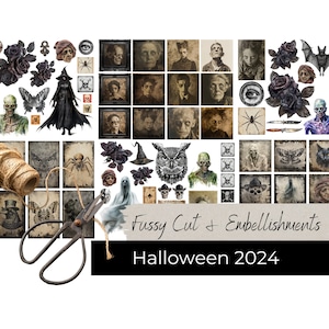 HALLOWEEN FUSSY CUT Versieringen & decoratie voor ongewenste tijdschriften portretten vleermuizen schedels heksen spoken verwelkte bloemen Instant Download A4