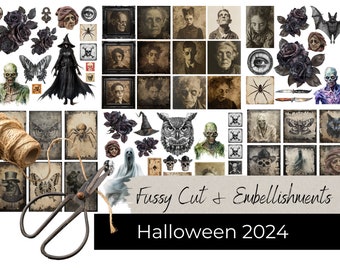 May include: A collection of Halloween-themed digital paper featuring spooky images, including a witch, an owl, a bat, a spider, and a skull. The paper is ideal for crafting and scrapbooking.