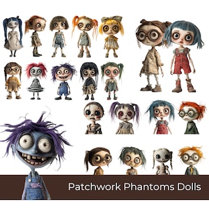 Könnte beinhalten: Eine Sammlung gruseliger, stilisierter Puppen mit verschiedenen Haarfarben und Outfits. Die Puppen haben große, ausdrucksstarke Augen und einzigartige Gesichtsmerkmale. Der Text "Patchwork Phantoms Dolls" ist unten im Bild zu sehen.