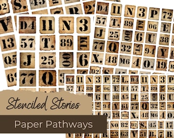 PAPER PATHWAYS STENCILED Stories, vintage numbers, vintage letters, old paper, alphabet, vintage ephemera, printables, instant download, a4