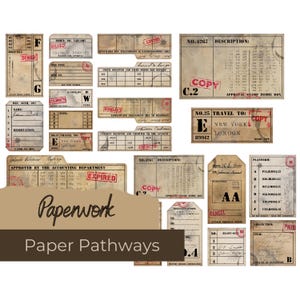 PAPIEREN PATHWAYS PAPIERWERK, vintage kantoor, vintage papierwerk, tags, etiketten, kantoorpapieren, tabbladen, afdrukbare items, instant download, a4