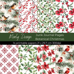 ARRIÈRE-PLAN BOTANIQUES DE NOL, Pages de journal indésirable, Journal de Noël, Papier de Noël, Scrapbooking, Fabrication de cartes, Téléchargement instantané, Format A4
