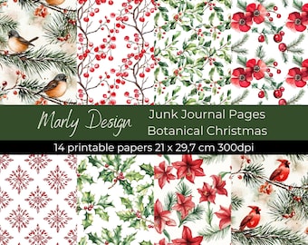 May include: A set of 14 printable digital papers featuring botanical Christmas designs. The papers include red berries, holly, pine branches, cardinals, robins, snowflakes, and poinsettias. The papers are 21 x 29.7 cm and 300 dpi.