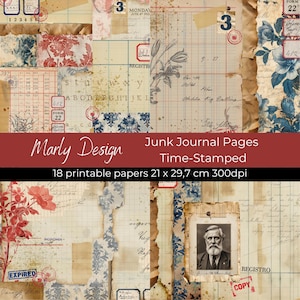 TIME-STAMPED BACKGROUNDS Junk Journal Pages, Papercrafting, Vintage Office, Florals, Text, Numbers, Printables, A4 & A5, Instant Download
