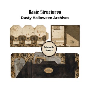 May include: A set of printable sheets titled Basic Structures Dusty Halloween Archives, featuring vintage-style paper ephemera with aged textures, black damask patterns, skeleton illustrations, and labels reading Specimen, Notes, and Rare Specimens.