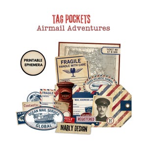 Peut inclure: Une collection d'éphémères imprimables sur le thème de l'aéropostale vintage, incluant une boîte aux lettres rouge, un portrait en uniforme, des cartes et des étiquettes avec les textes FRAGILE, OCEAN MAIL SERVICE et TRANS-ATLANTIC AIRMAIL.