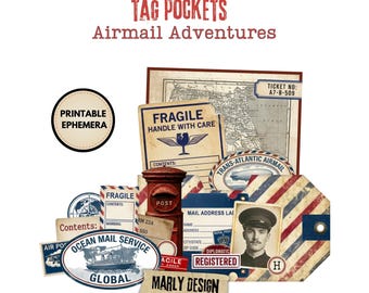 Airmail Adventures Tag Pockets, Printable Vintage Postal Ephemera Kit, Junk Journals & Papercraft