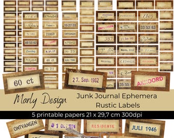 May include: Five printable sheets of vintage-style labels with a rustic brown and cream color scheme. The labels feature various text, numbers, and designs, including "60 ct", "27. Sep. 1962", "ONTVANGEN", "AKKOORD", "RESIDENTE", "JULI 1946", and "210836".