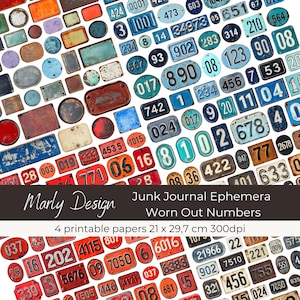 NÚMEROS GASTO números vintage, etiquetas de números, itens efêmeros para diário de lixo, scrapbooking, fabricação de cartões e outros trabalhos manuais em papel, imprimíveis, tamanho A4