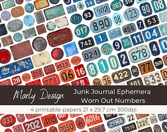WORN OUT NUMBERS vintage numbers, number labels, ephemera for junk journal, scrapbooking, cardmaking & other papercraft, printables, A4 size
