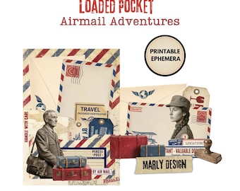 Airmail Adventures Loaded Pocket, Printable Ephemera Kit, Vintage Postal & Travel, Instant Download