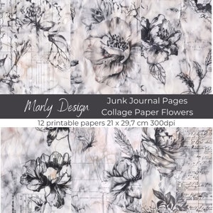 Collage Papierblumen Digital Kit Schwarzweiße Vintage Blumen Botanical Florals Printables A4 size