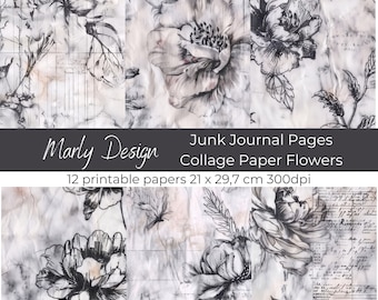 Collage Paper Flowers Digital Kit Black and White Vintage Flowers Botancial Florals Printables A4 size