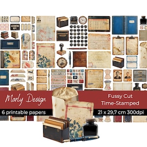 FUSSY knippen met tijdgestempeld, kantoorthema, oud papier, vintage kantoor, tekst en cijfers, enveloppen, notities, grootboek, direct downloaden, printables,