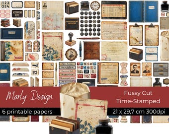 Time Stamped, Vintage Office Ephemera, Fussy Cut Papers,(Printable Digital Download)