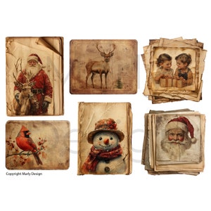 stacked aged paper squares showing deer, cardinal, snowman and child portraits, vintage Christmas clipart and Christmas junk journal fussy cut ephemera