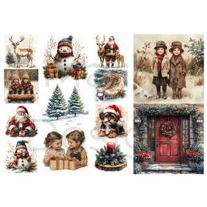 three vertical columns of snowmen, children and pine trees in muted tones, printable Christmas fussy cuts and Christmas junk journal fussy cut ephemera