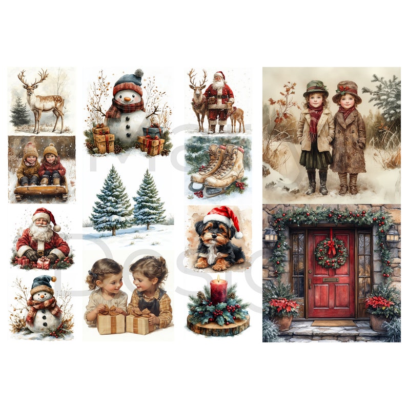 three vertical columns of snowmen, children and pine trees in muted tones, printable Christmas fussy cuts and Christmas junk journal fussy cut ephemera
