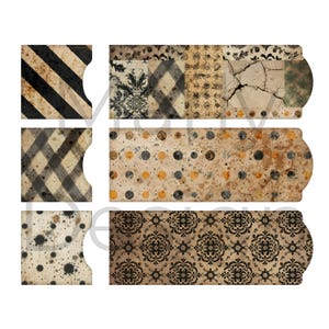 Narrow label strips and rounded tabs in striped, plaid and floral grunge, ideal for Halloween cardmaking kit