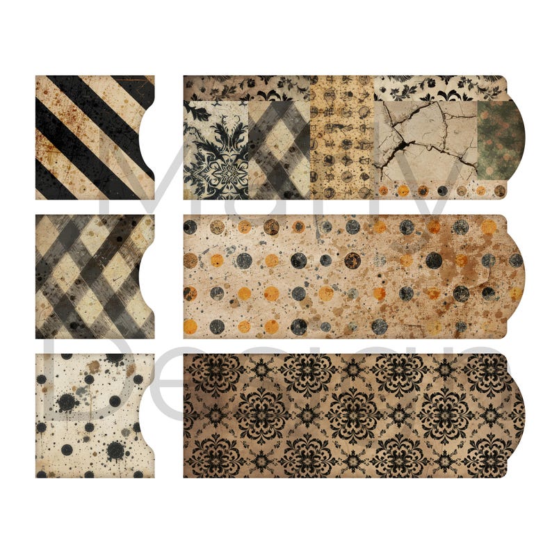 Narrow label strips and rounded tabs in striped, plaid and floral grunge, ideal for Halloween cardmaking kit
