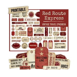 Puede incluir: Una colección de efímeros de viaje vintage imprimibles que presenta etiquetas de equipaje, boletos de pasajero y etiquetas de equipaje de color rojo y crema con texto que incluye Red Route Express, Orient Express, Red Star Line y varios destinos.
