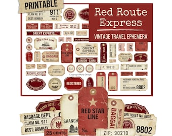 Red Route Express, Vintage Travel & Postal Ephemera Printable Kit, Antique Tickets and Labels for Junk Journaling, Collage and Papercraft