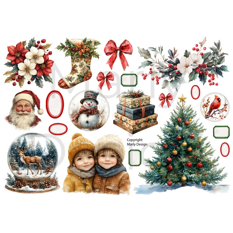 scattered bows, holly sprigs, decorated tree and two bundled children, Christmas junk journal fussy cut ephemera for paper crafting