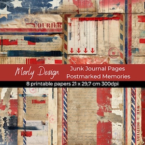 POSTMARKED MEMORIES BACKGROUNDS junk journal pages, papercrafting, postal, vintage postal, red and blue, printables, instant download, A4