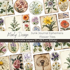 Bloemtegels Ongewenste Journal Ephemera Vintage Journal Kaarten Bloemen voor notebooks Scrapbooking Kaarten Maken Instant Download A4-formaat