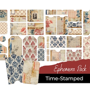 EFÍMEROS CON MARCA DE TIEMPO, Oficina Vintage, Manualidades de Papel, Diario Basura, Papeles Antiguos, Flores, Rojo y Azul, Imprimibles, Descarga Instantánea, A4 y A5