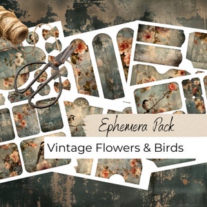 Pacote de coisas efêmeras digitais Vintage Flores e pássaros Bolsos Tags Etiquetas Guias Cartões de diário Junkjournaling Scrapbooking Papercraft Imprimíveis Dina4