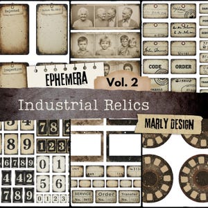 Puede incluir: Un collage de elementos de efímeras vintage, que incluyen etiquetas de papel envejecido, etiquetas y fotografías. El texto "EPHEMERA Vol. 2" e "Industrial Relics" son visibles. El diseño incluye números, carretes de película y varios elementos de papel envejecido.
