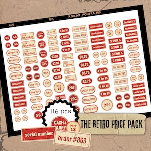 RETRO PRISPACK, Röda & Krämfärgade Vintage-etiketter, Utskrivbara Ephemera för Junk Journals, Scrapbooking, Collage, Korttillverkning, Snigelpost, A4