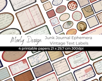 Vintage tekstlabels Junk Journaling en Papercraft Dennison Labels Veelkleurige verschillende maten Printables Digitals A4